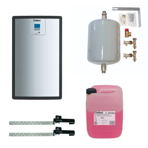 Verschiedene Heizungs- und Solartechnologien, einschließlich eines Wassertanks, einer montierbaren Einheit, Befestigungselementen und einer Flüssigkeit in einem Kanister.